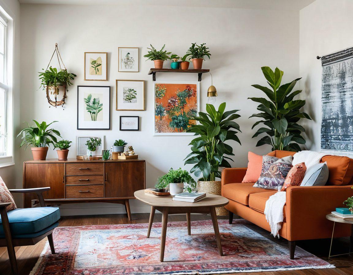 A beautifully transformed living room showcasing a mix of modern and vintage decor elements, with vibrant plants, cozy furniture arrangements, and bright, natural lighting. Include tools and materials in one corner, illustrating the renovation process. The background features before-and-after images of home enhancements, creating an inspirational collage. The ambiance is inviting and motivational, encouraging viewers to envision their own transformations. super-realistic. vibrant colors. white background.