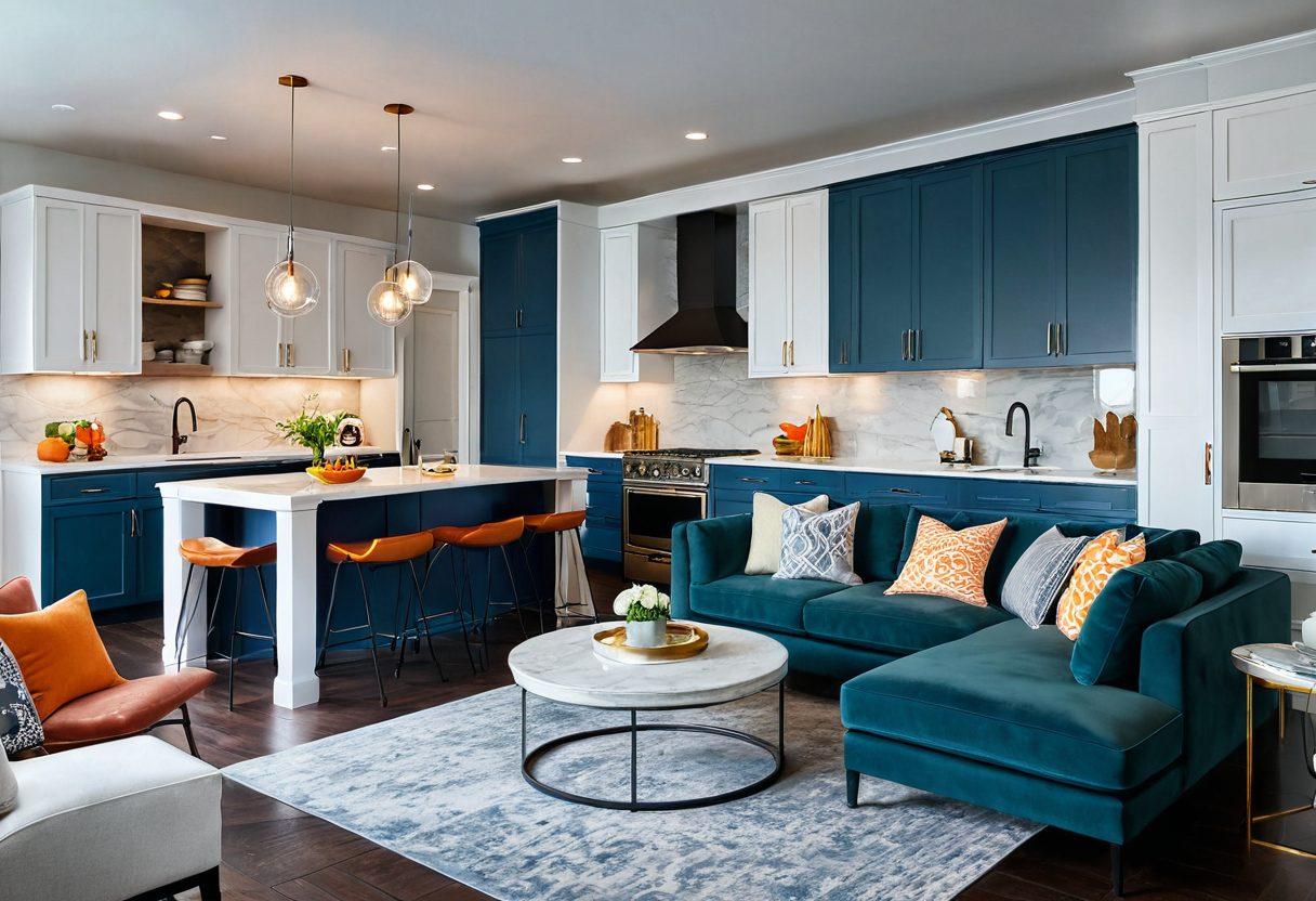 A beautifully renovated living room showcasing modern design elements, vibrant kitchen with stylish cabinets, a serene bedroom with calming colors, and a luxurious bathroom featuring sleek fixtures. Each room is distinct yet harmoniously connected, offering a glimpse of expert remodeling tips. Bright, inviting lighting enhances the overall ambiance. super-realistic. vibrant colors. 3D.