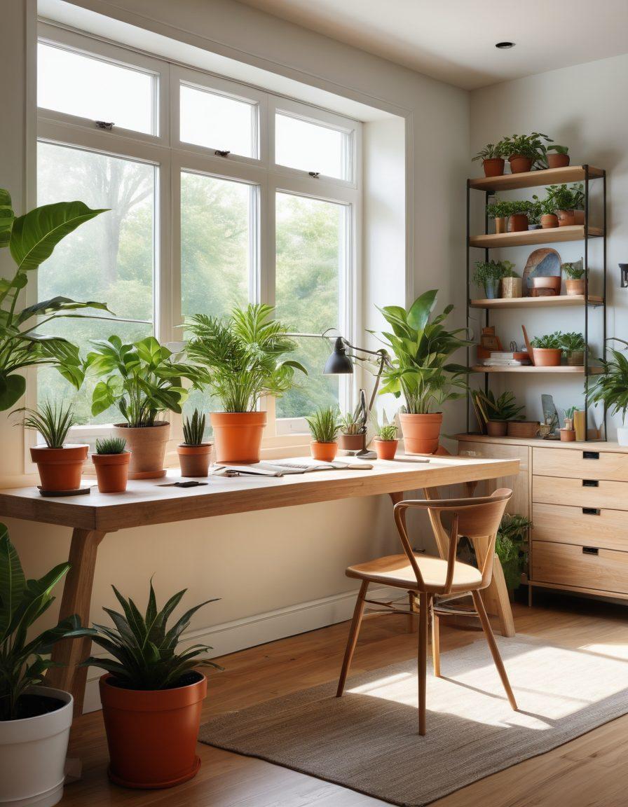 A serene and stylish home interior showcasing essential maintenance tips: a well-organized workspace with tools, a vibrant indoor plant as a focal point, effective storage solutions, and elements representing cleanliness and functionality. Include soft natural lighting filtering through a window. super-realistic. vibrant colors. airy and bright atmosphere.